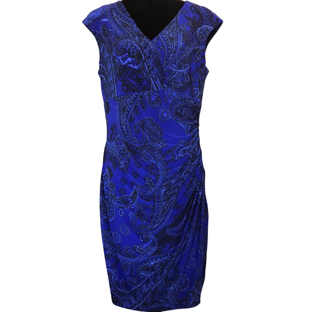Ralph Lauren Dress Faux Wrap Ruched Side Sleeveless, Blue Black Paisley Size 14
